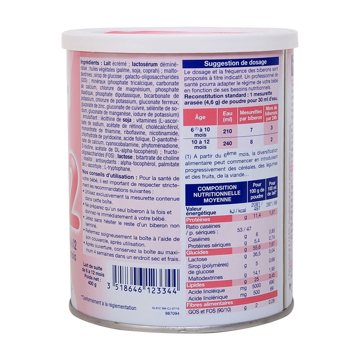 Sữa Physiolac số 2 400g (6 - 12 tháng) - mặt sau