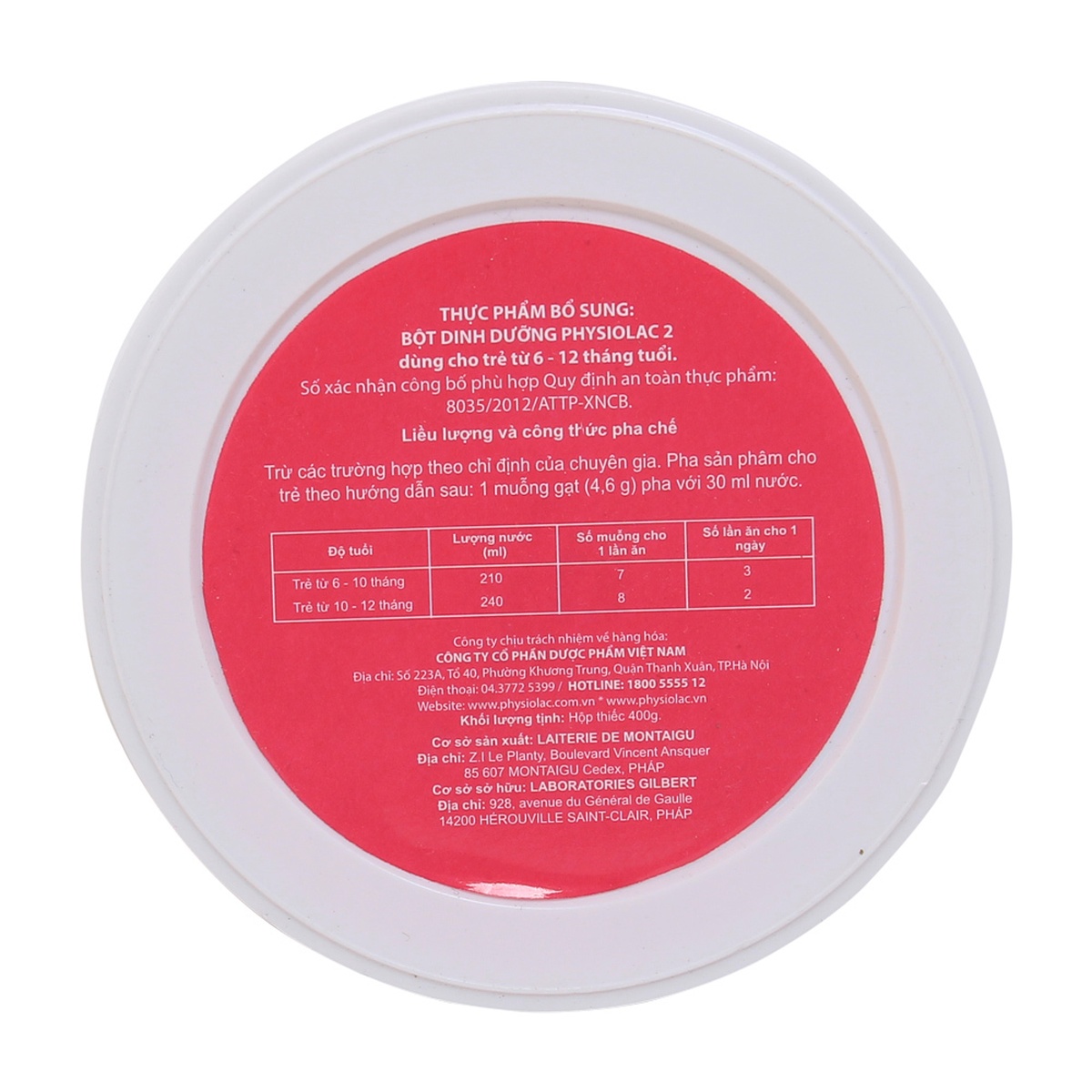 Sữa Physiolac số 2 400g (6 - 12 tháng) - mặt trái