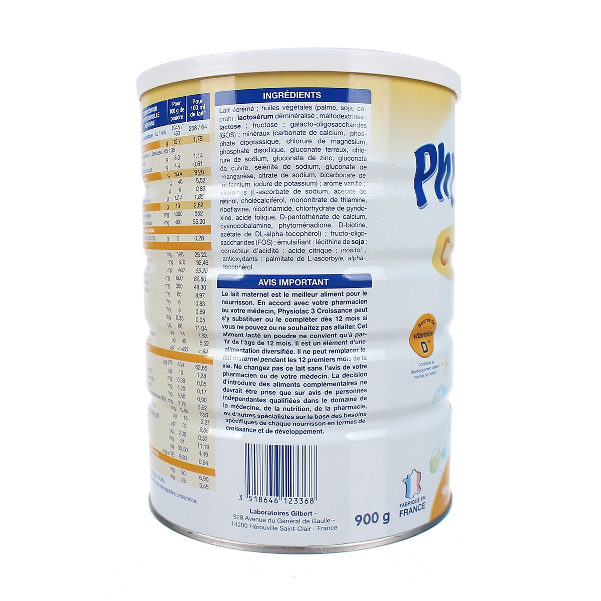 Sữa Physiolac số 3 900g (1 - 3 tuổi) - góc nghiêng