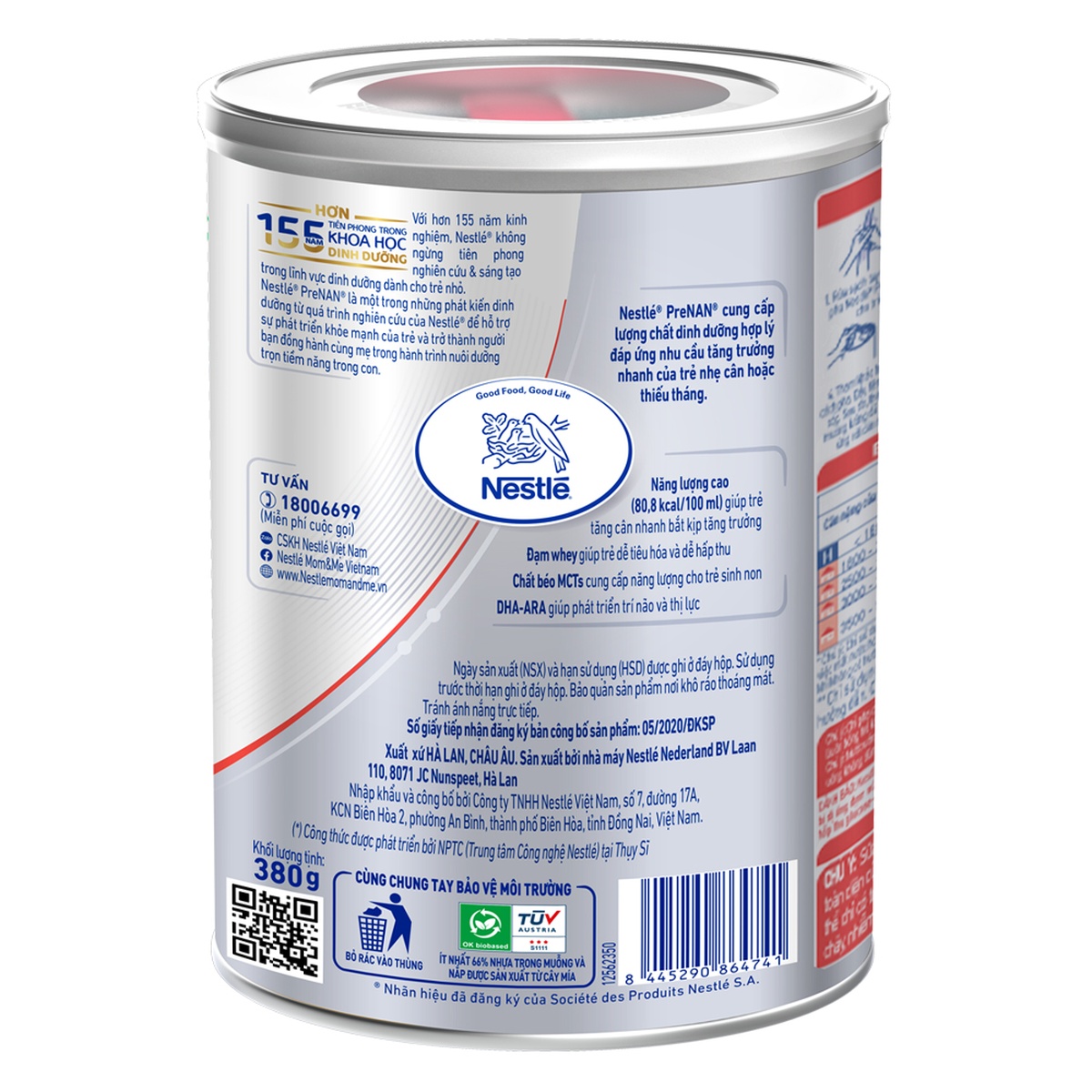 Sản phẩm dinh dưỡng Nestlé PreNAN Hà Lan 380g (> 0 tháng tuổi) - mặt trái
