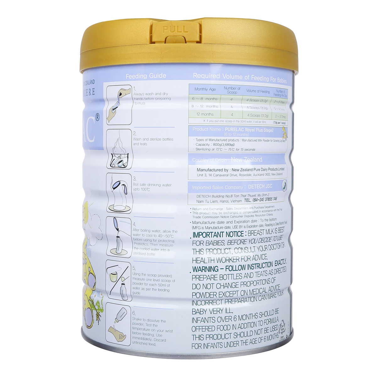 Sữa Purelac số 2 800g cho bé từ 6-12 tháng tuổi của New Zealand - mặt trái