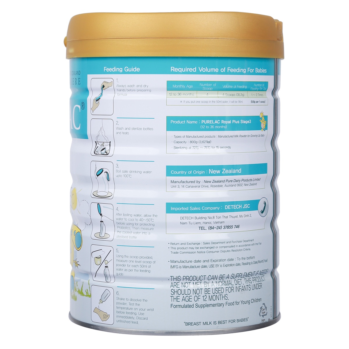 Sữa Purelac số 3 800g cho bé từ 1-3 tuổi của New Zealand - mặt trái