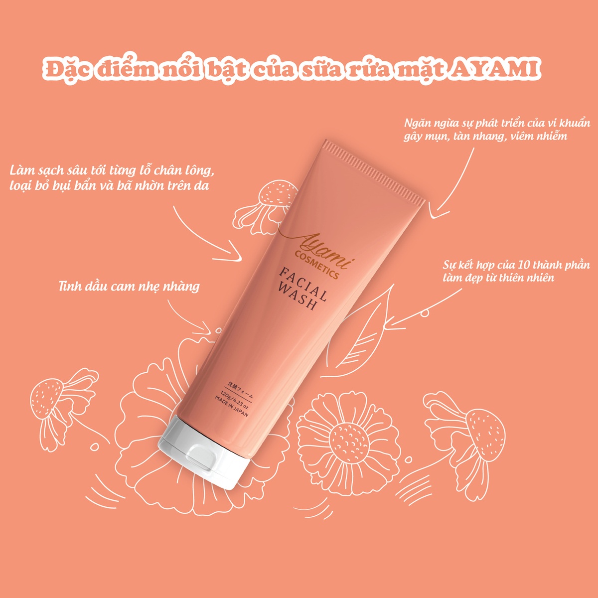 Sữa rửa mặt Ayami Cosmetics Facial Wash dưỡng trắng mờ nám cho da nhạy cảm (120g) - mặt trái
