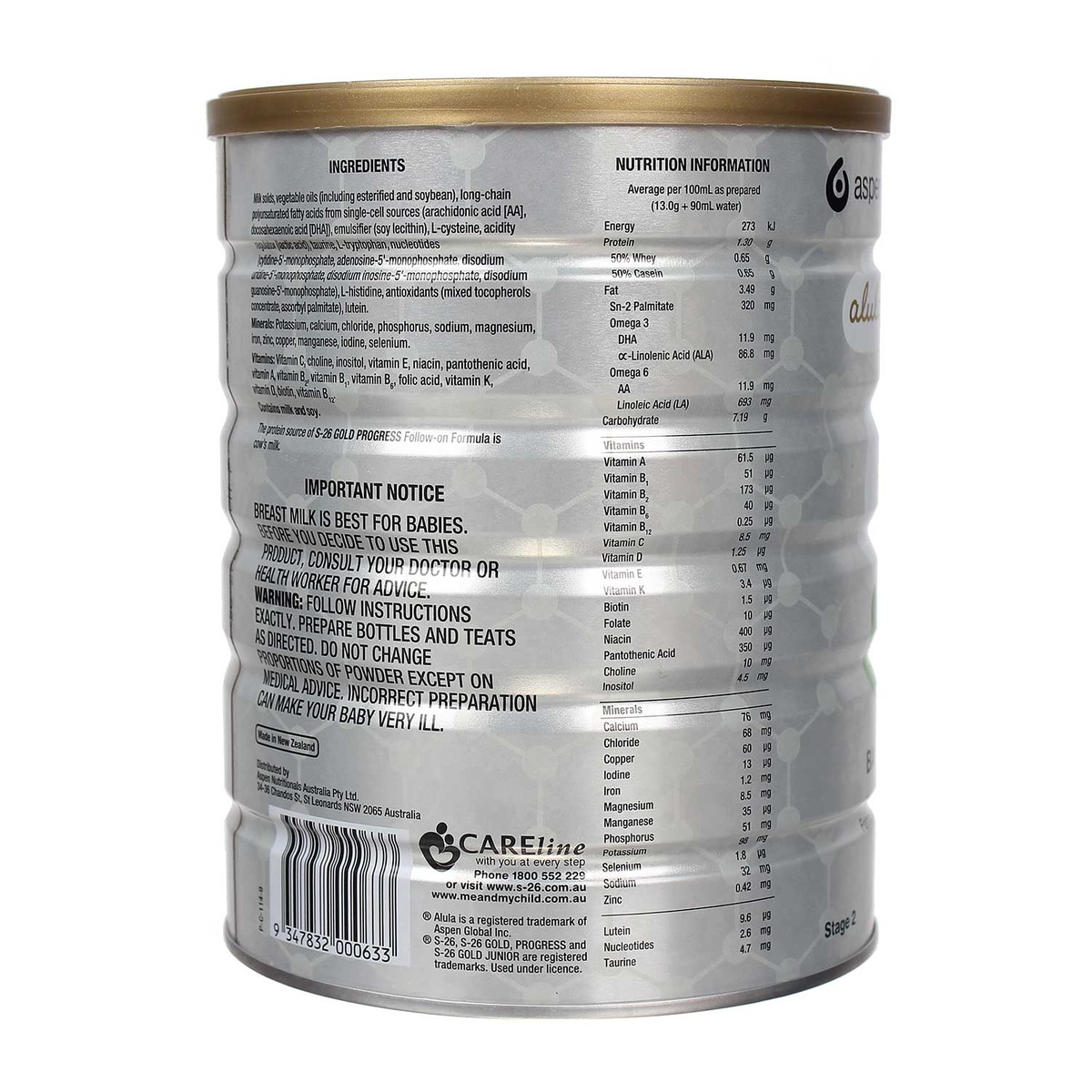 Sữa bột S26 số 2 Gold Progress 900g cho bé 6M-12M - góc nghiêng