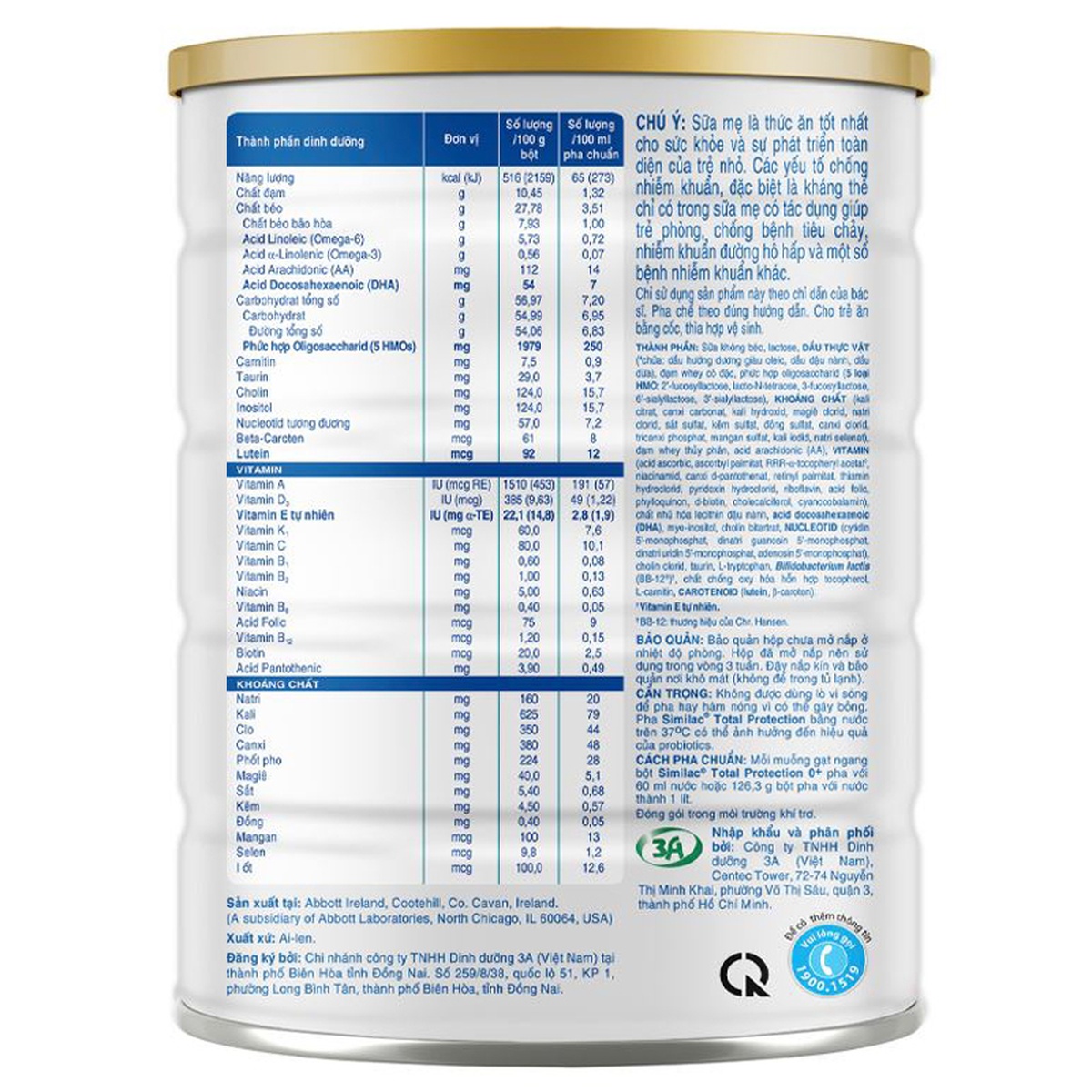Sữa Similac Total Protection số 0+ 850g (cho bé 0-12 tháng tuổi) - mặt sau