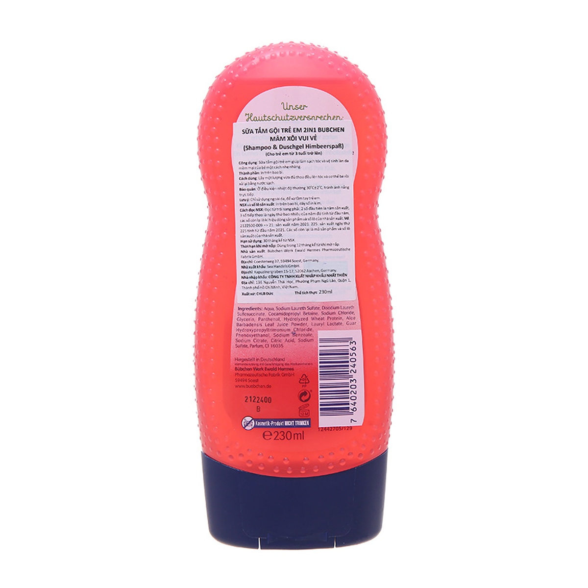 Sữa tắm gội Bubchen mâm xôi 2 in 1 230ml - mặt trái