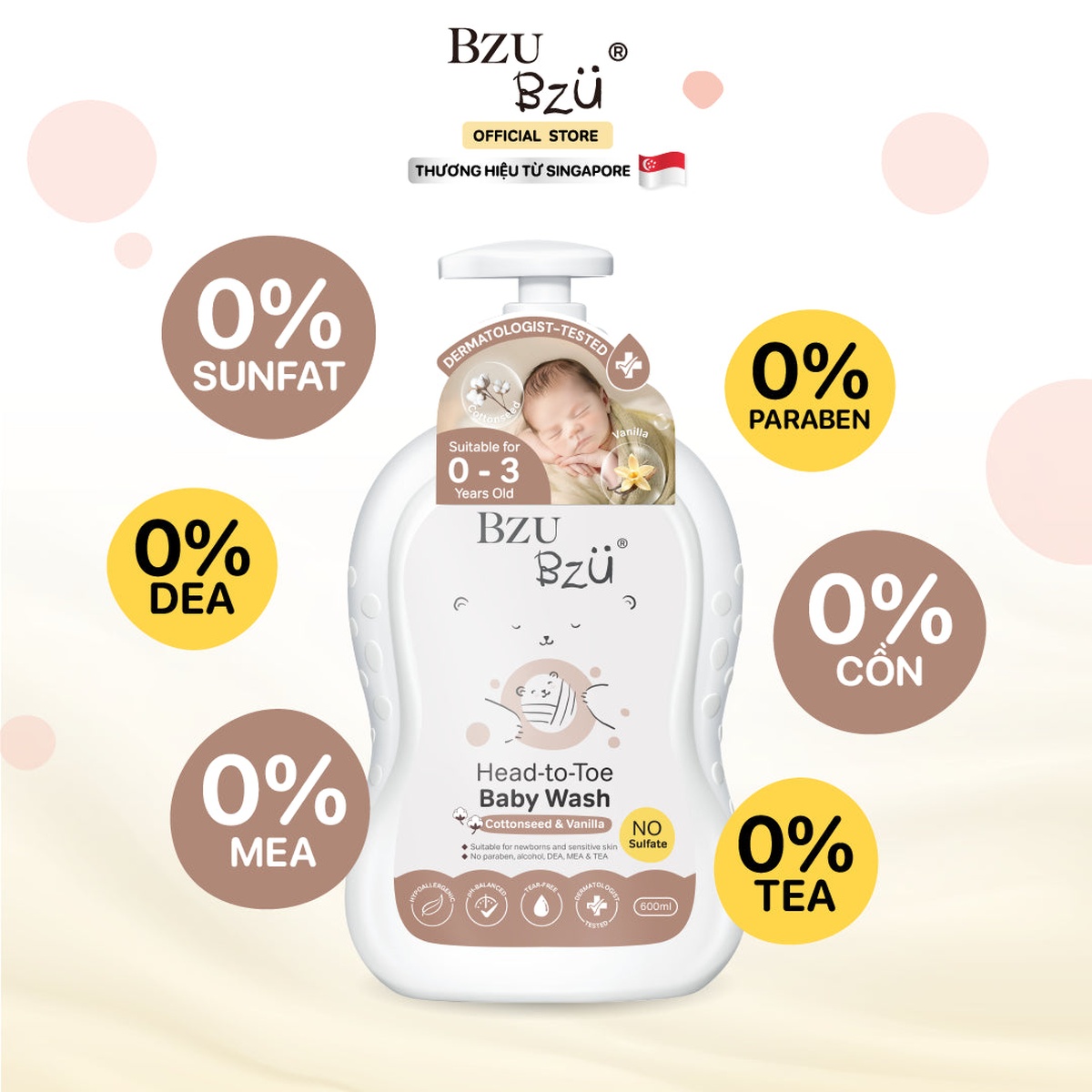 Sữa tắm gội chiết xuất hạt bông & vani Bzu Bzu 600ml - mặt trái