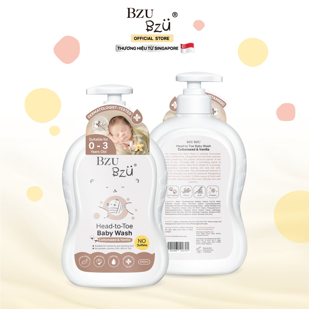Sữa tắm gội chiết xuất hạt bông & vani Bzu Bzu 600ml - mặt phải