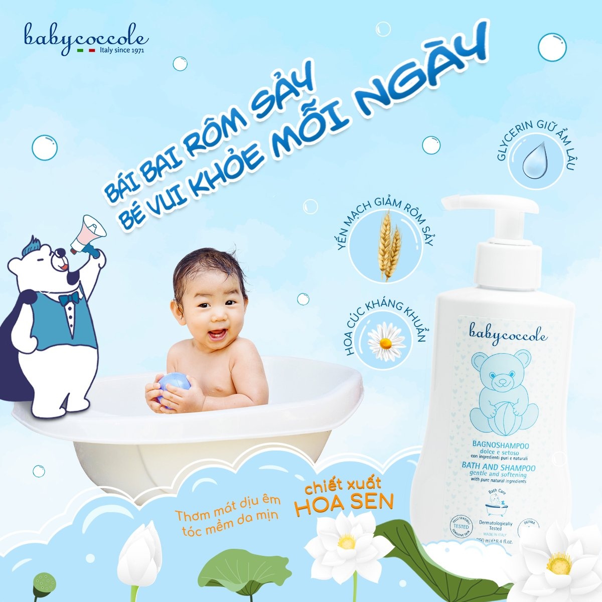 Sữa tắm gội cho bé Babycoccole hoa sen 250ml 0M+ - mặt sau