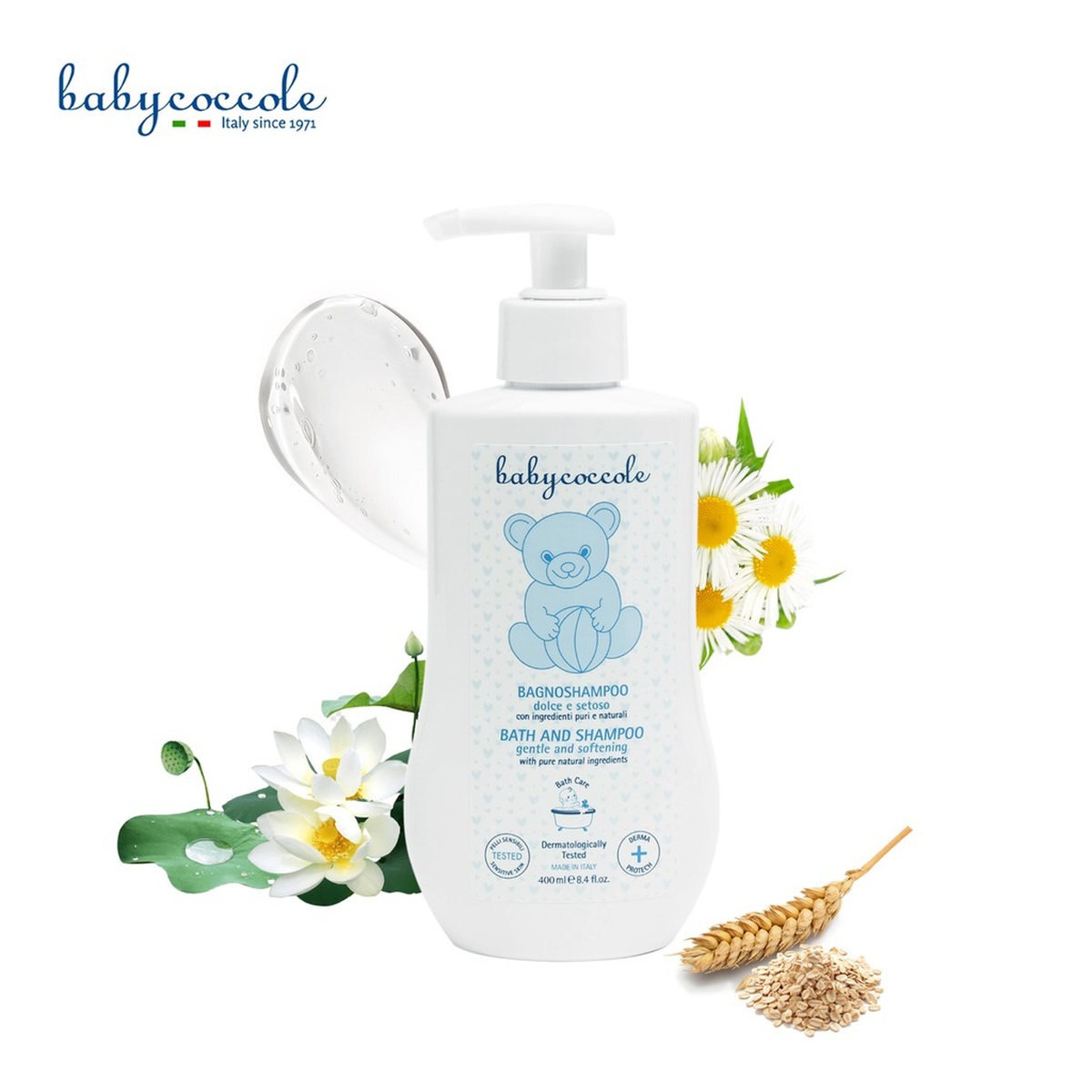 Sữa tắm gội cho bé Babycoccole hoa sen 400ml 0M+ - mặt phải