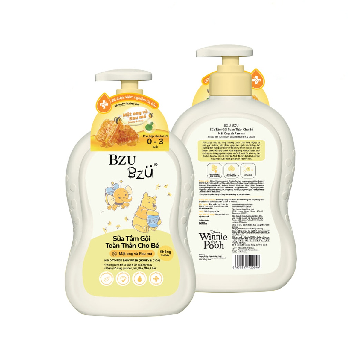 Sữa tắm gội chiết xuất mật ong & rau má Bzu Bzu 600ml - mặt trái