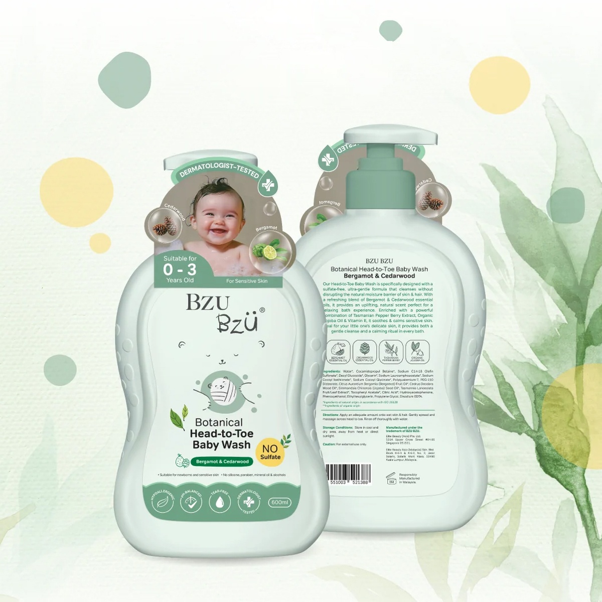 Sữa tắm gội toàn thân em bé Bzu Bzu tinh dầu thiên nhiên 600ml - mặt trái