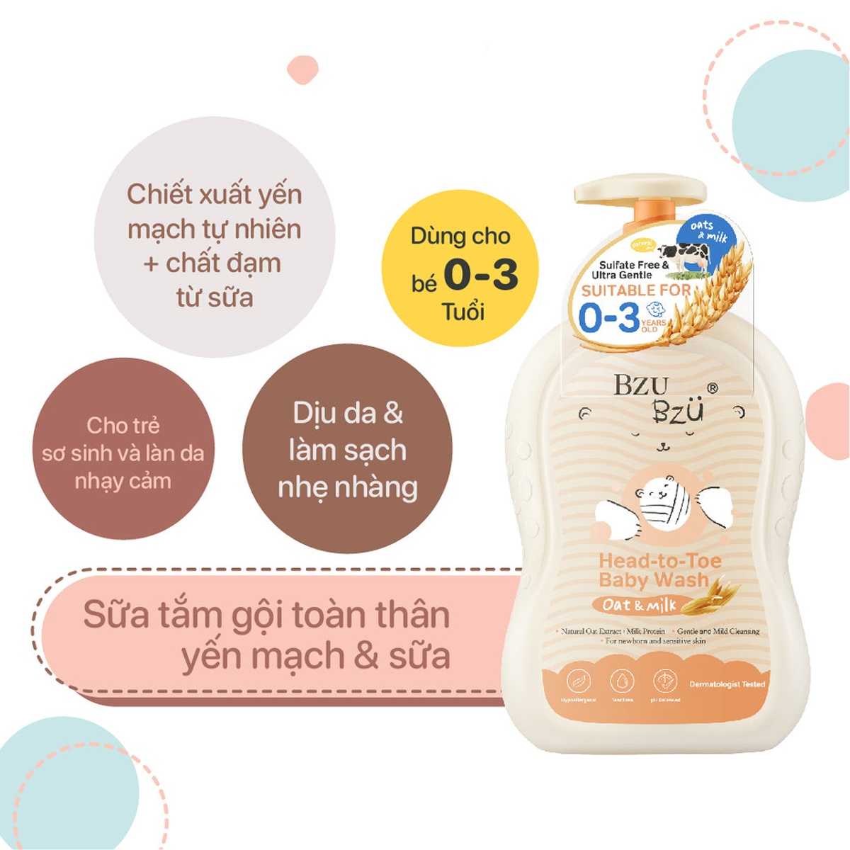 Sữa tắm gội toàn thân chiết xuất yến mạch dành cho em bé Bzu Bzu 600ml  - mặt sau