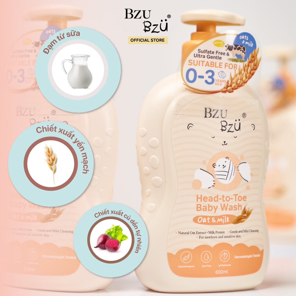 Sữa tắm gội toàn thân chiết xuất yến mạch dành cho em bé Bzu Bzu 600ml  - mặt trái