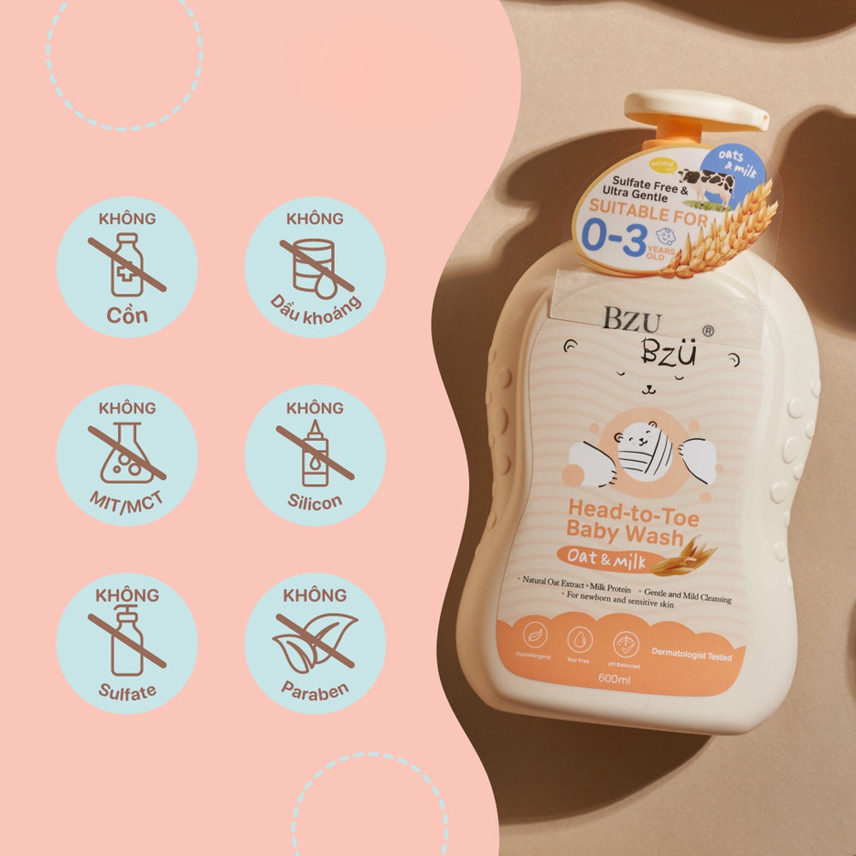 Sữa tắm gội toàn thân chiết xuất yến mạch dành cho em bé Bzu Bzu 600ml  - mặt phải