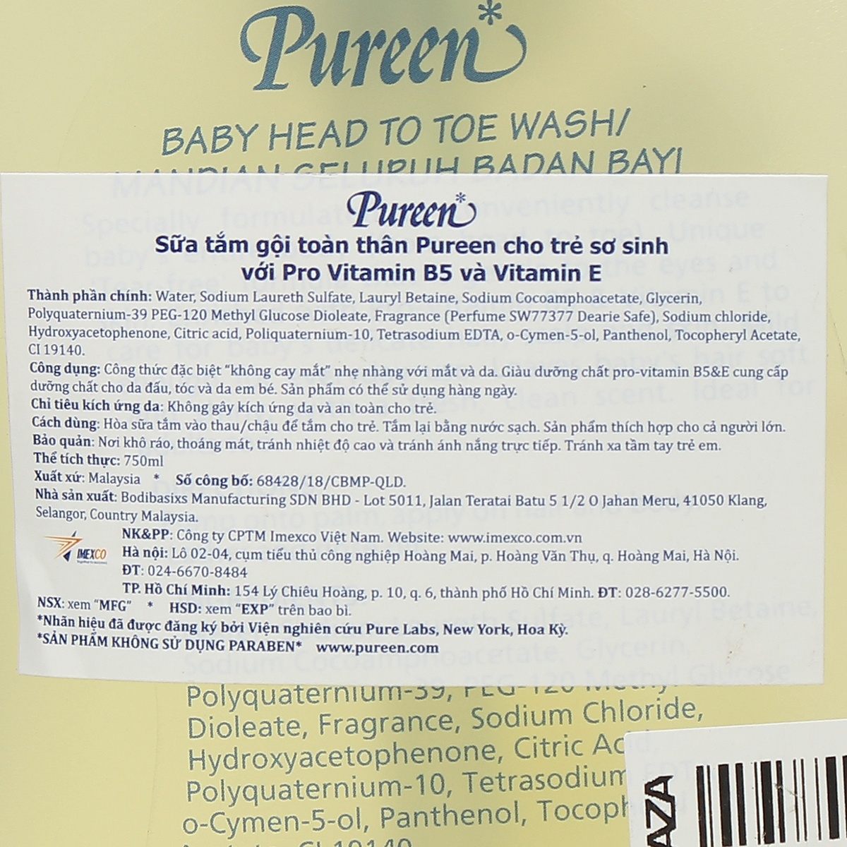 Sữa tắm gội sơ sinh Pureen Pro-vitamin B5 & E 750ml - mặt sau