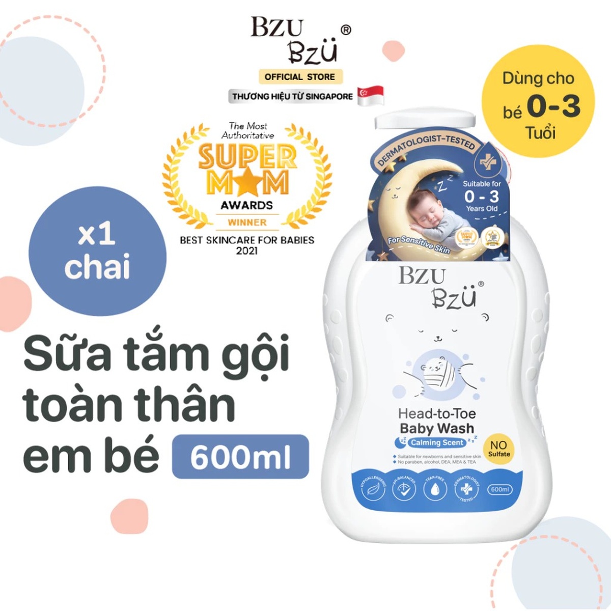 Sữa tắm gội toàn thân sơ sinh Bzu Bzu 600ml - mặt trái