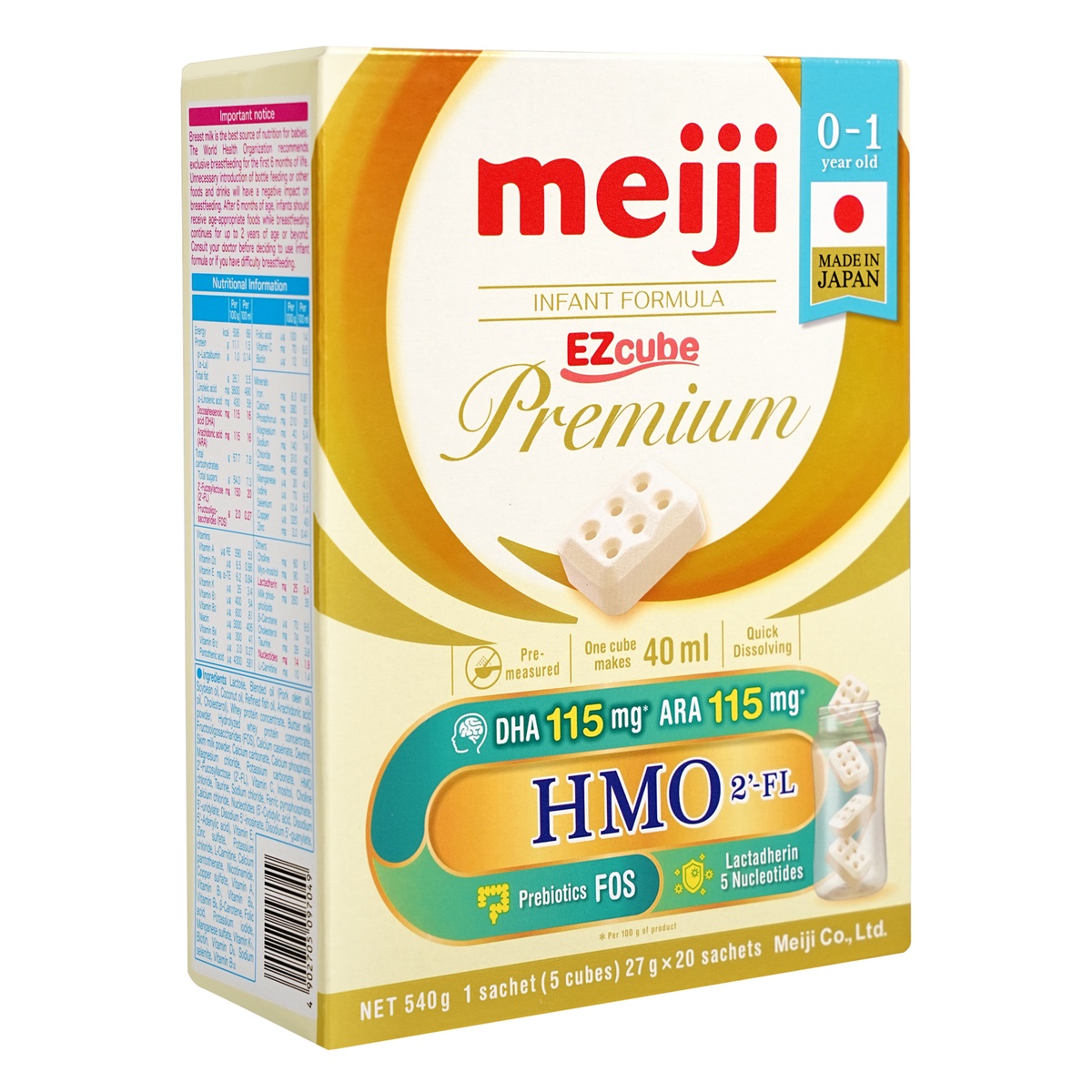 Sữa thanh Meiji Infant Formula EZcube Premium cho bé 0-1 tuổi 540g - mặt trái