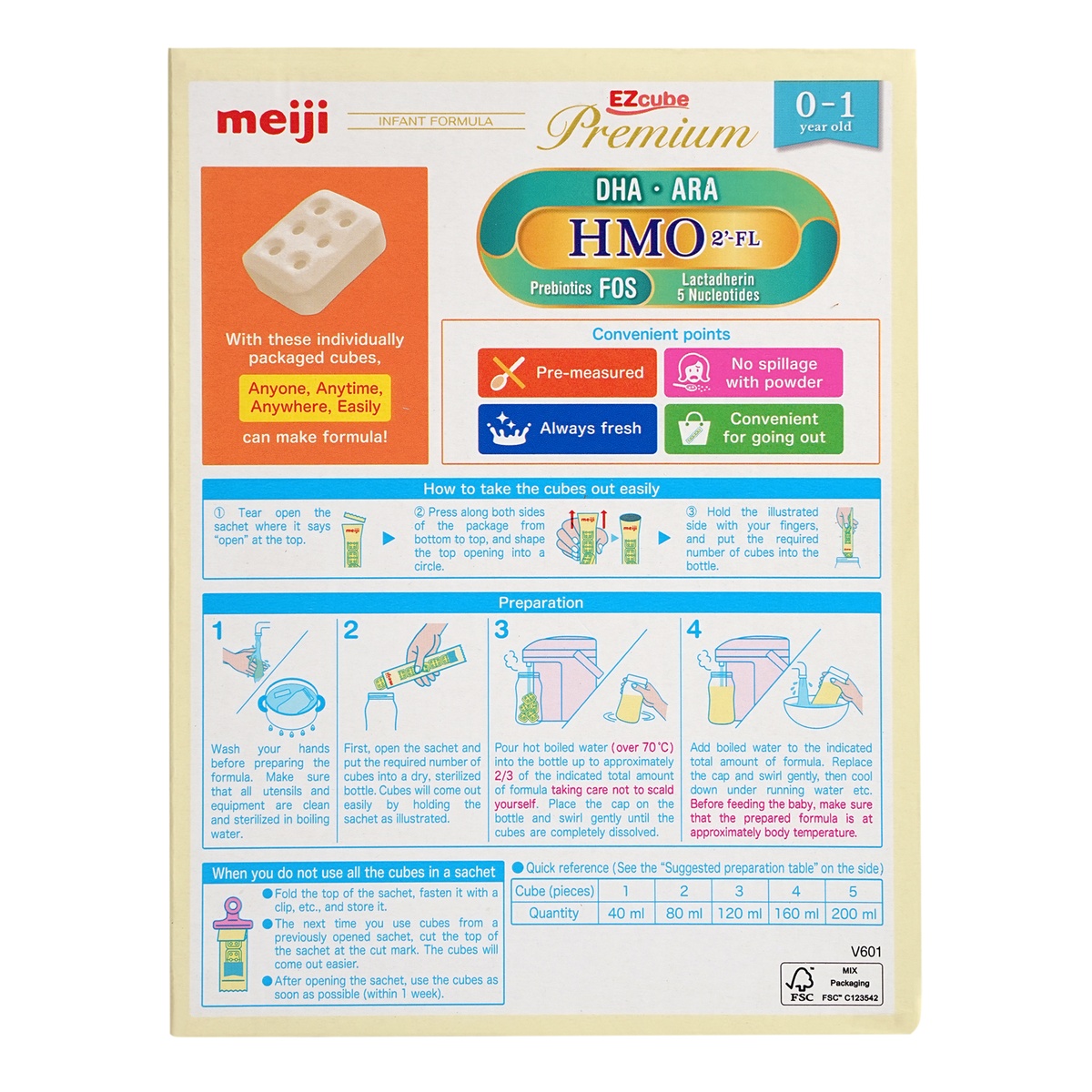 Sữa thanh Meiji Infant Formula EZcube Premium cho bé 0-1 tuổi 540g - mặt sau
