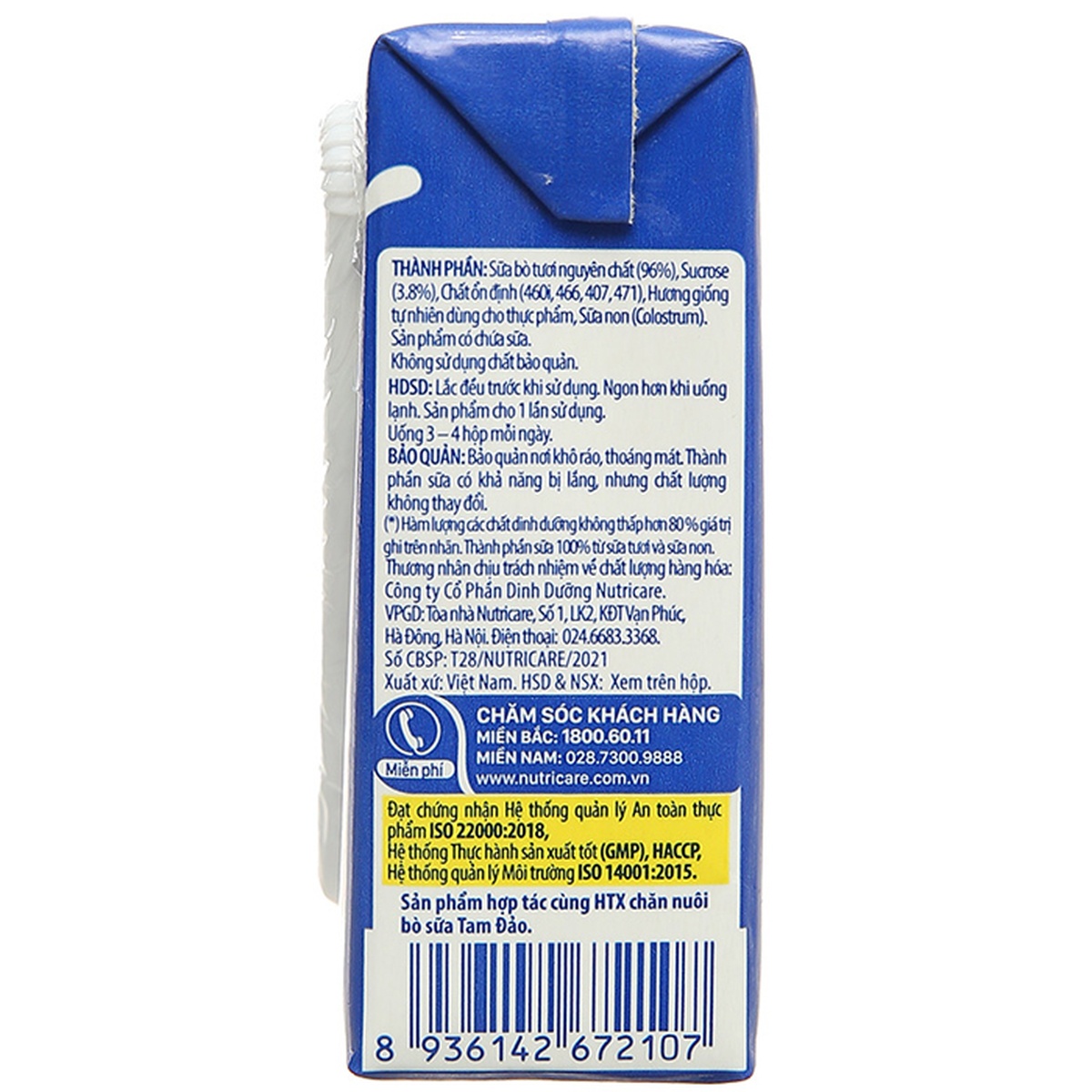 Sữa tươi có đường Nutricare MetaFresh 4x110ml - mặt sau