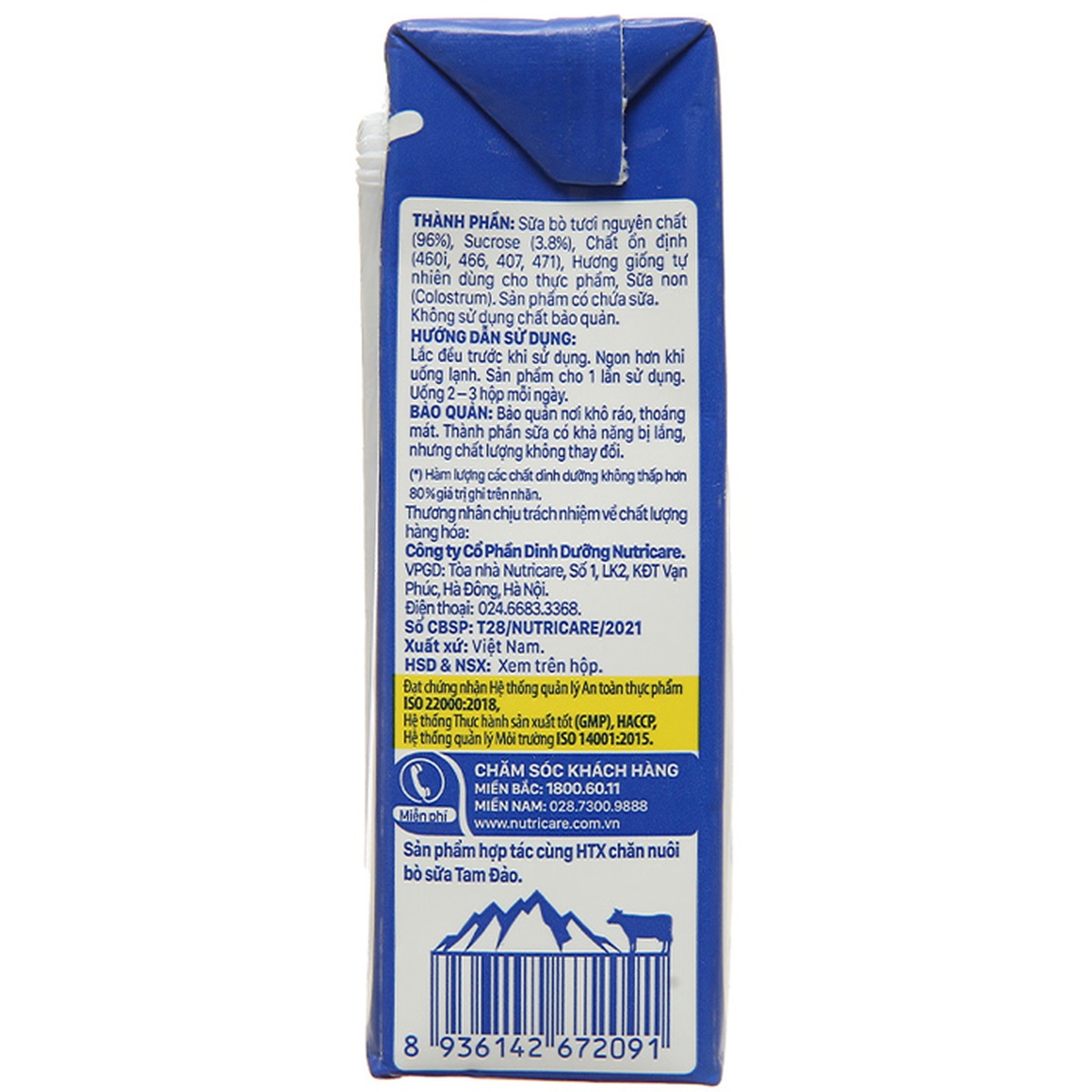 Sữa tươi có đường Nutricare MetaFresh 4x180ml - mặt sau