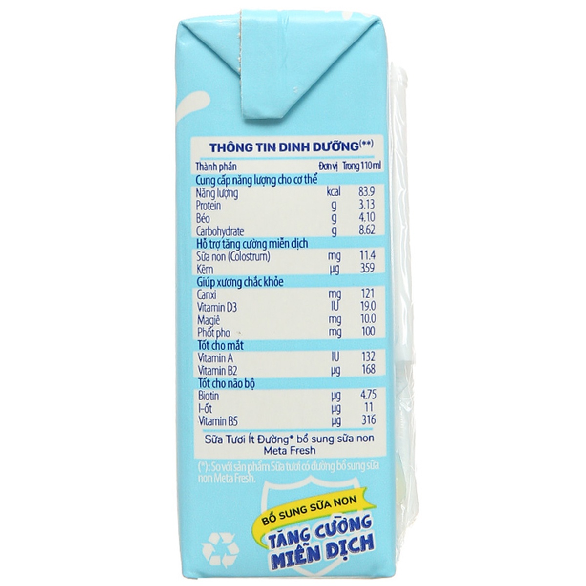 Sữa tươi ít đường Nutricare MetaFresh 4x110ml - mặt sau