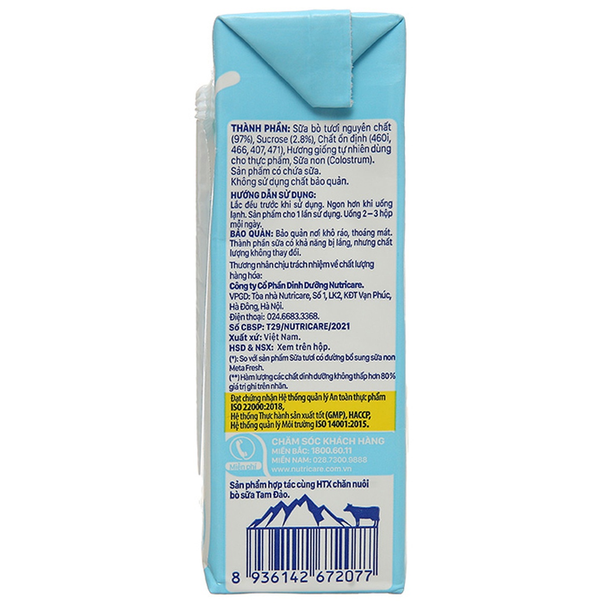 Sữa tươi ít đường Nutricare MetaFresh 4x180ml - mặt phải