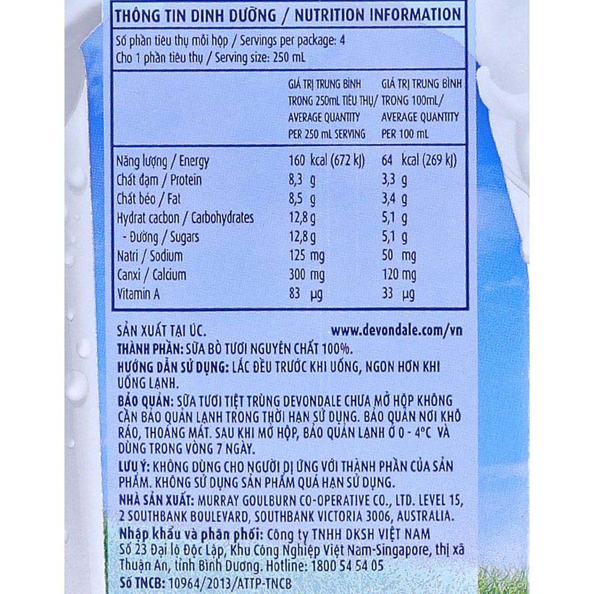Sữa tươi nguyên chất tiệt trùng Devondale Full Cream 1L - mặt phải