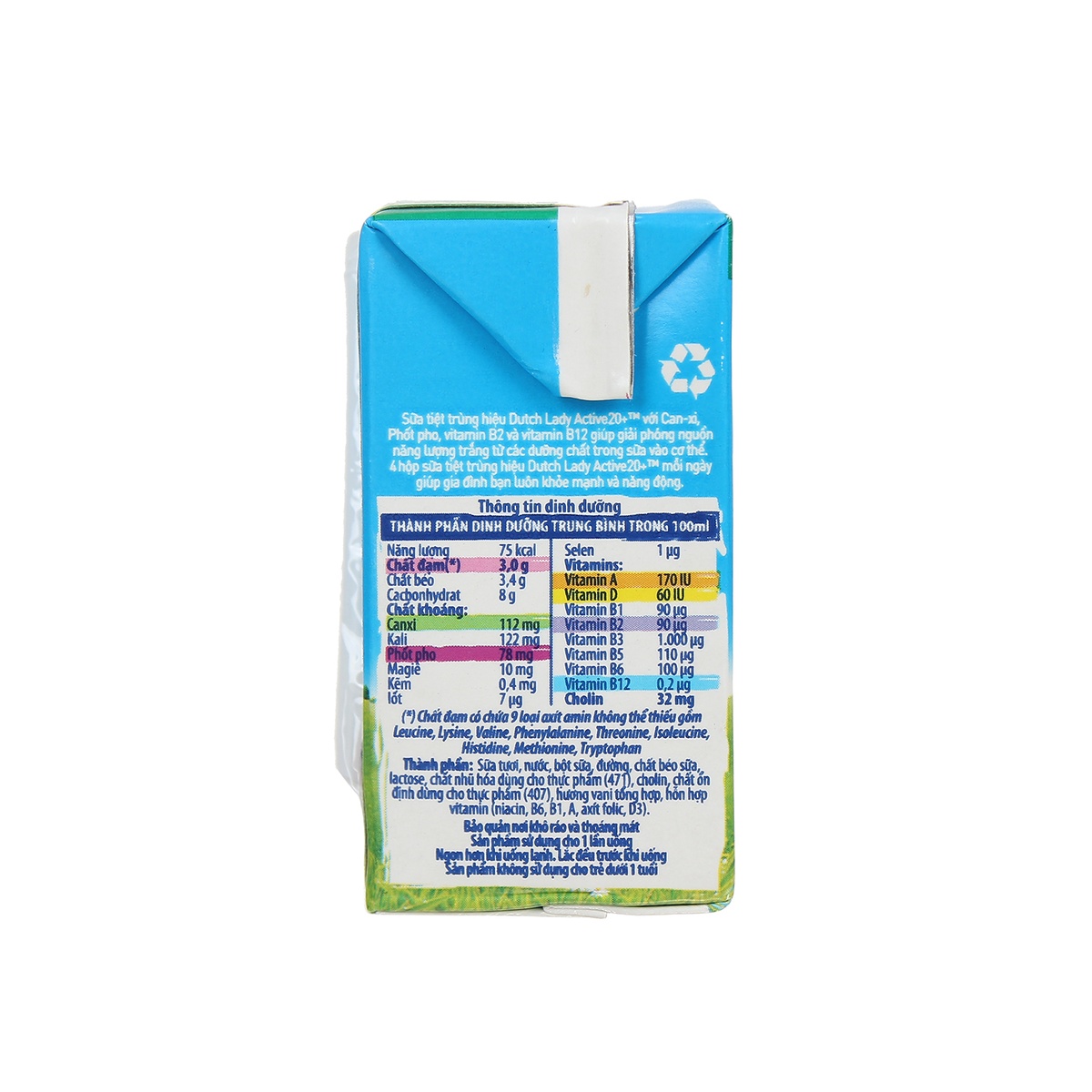 Sữa tươi tiệt trùng có đường Active 20+ Dutch Lady 110ml cho bé trên 1 tuổi - mặt trái