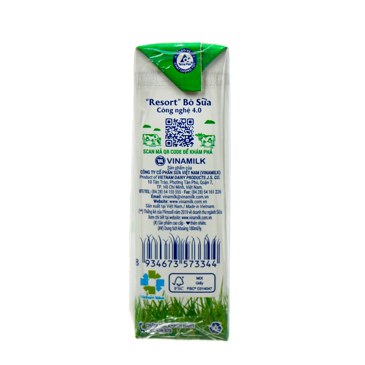 Sữa tươi tiệt trùng có đường Vinamilk 4*180ml cho bé trên 1 tuổi - góc nghiêng