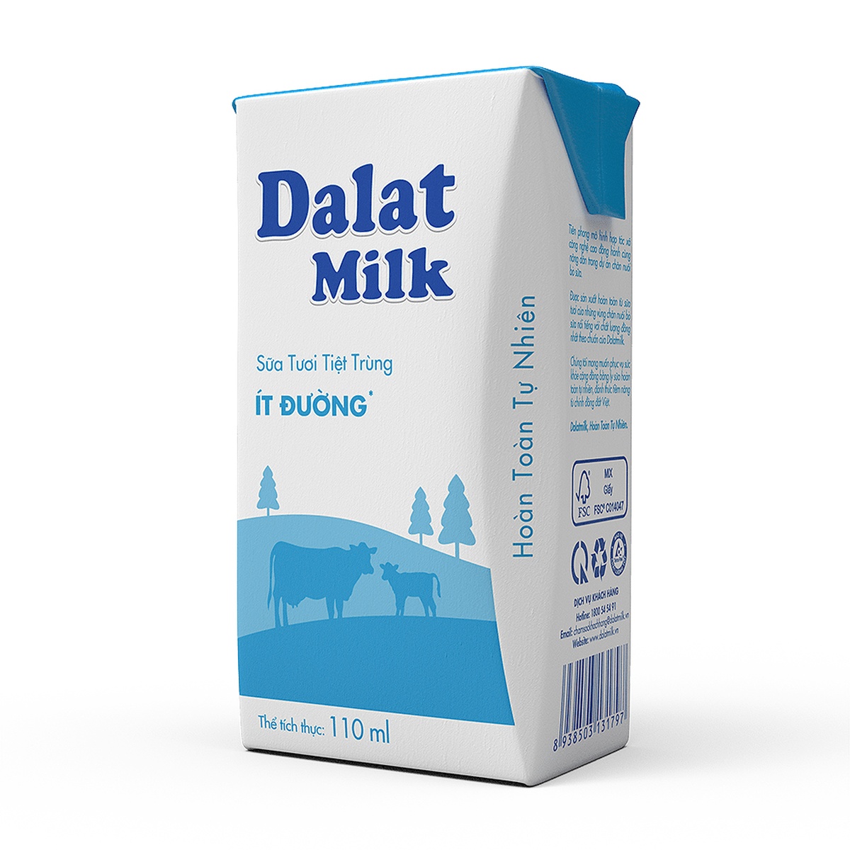 Sữa tươi tiệt trùng ít đường Đà Lạt milk 4*110ml - mặt phải