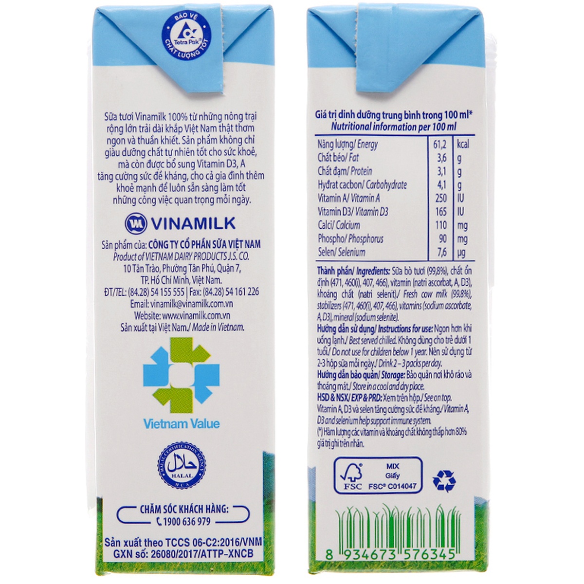 Sữa tươi tiệt trùng không đường Vinamilk 4*180ml  - mặt trái