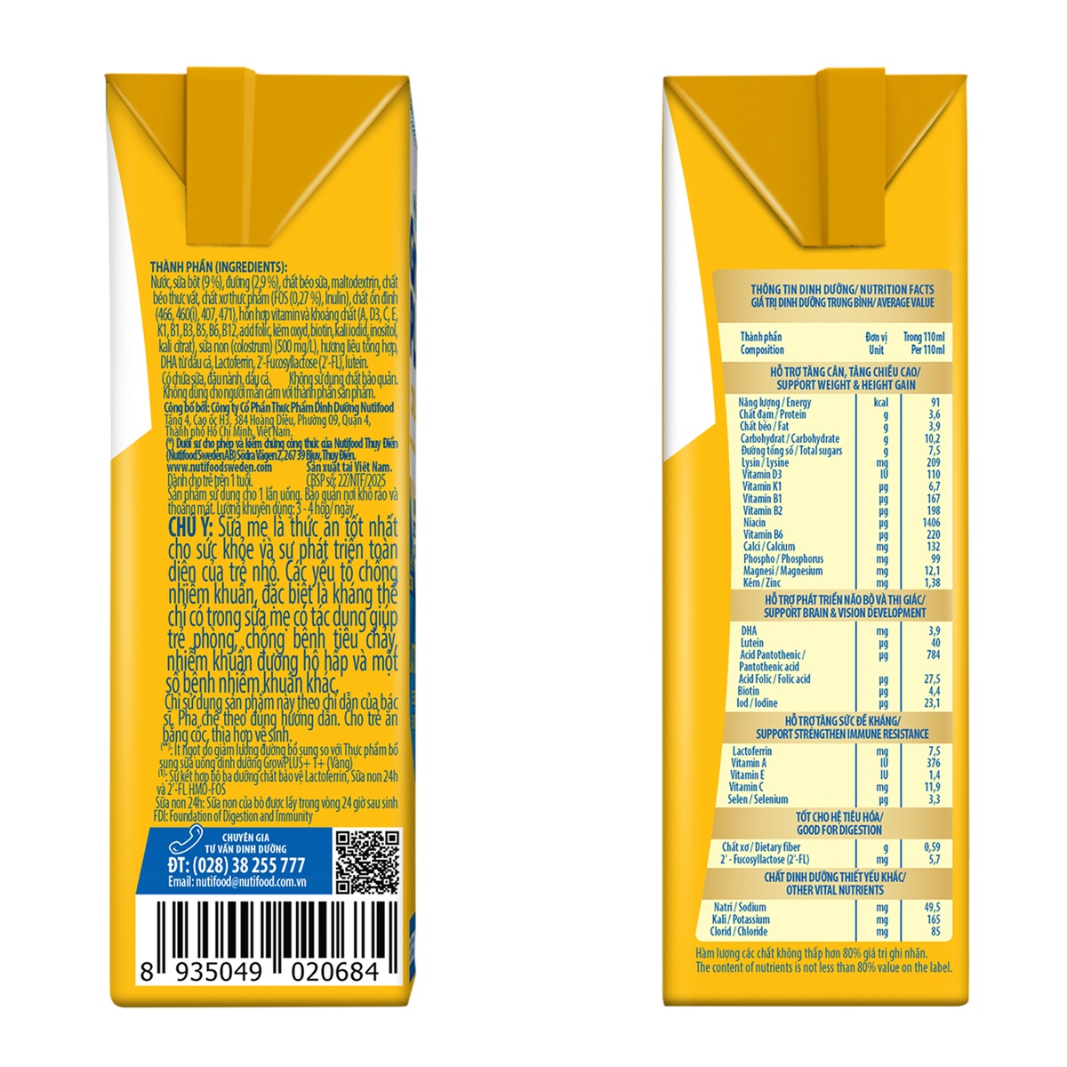 Sữa uống dinh dưỡng Nutifood Colostrum Lactoferrin 4x110ml - mặt trái