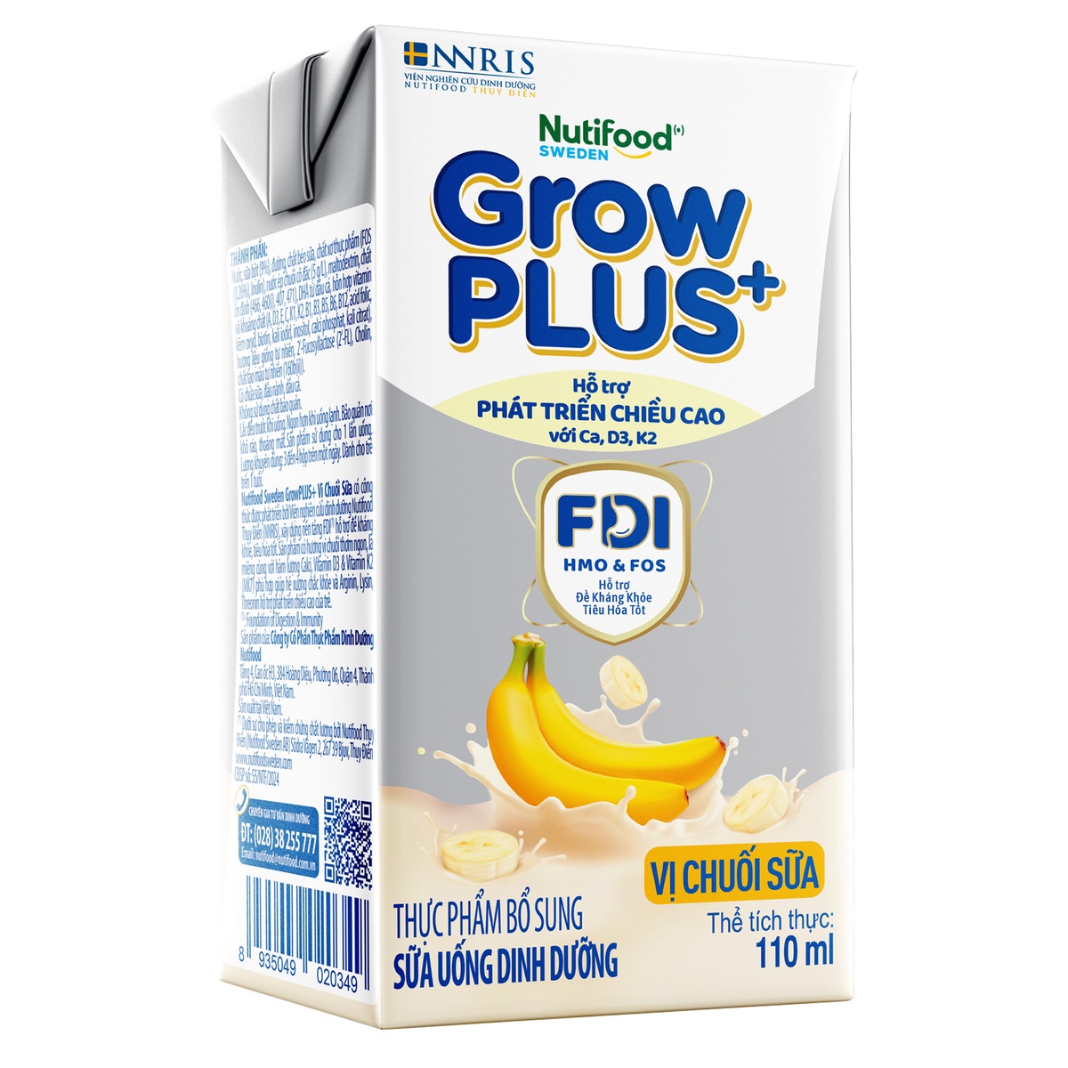 Sữa uống dinh dưỡng Nutifood Grow Plus vị chuối sữa 4x110ml - mặt phải