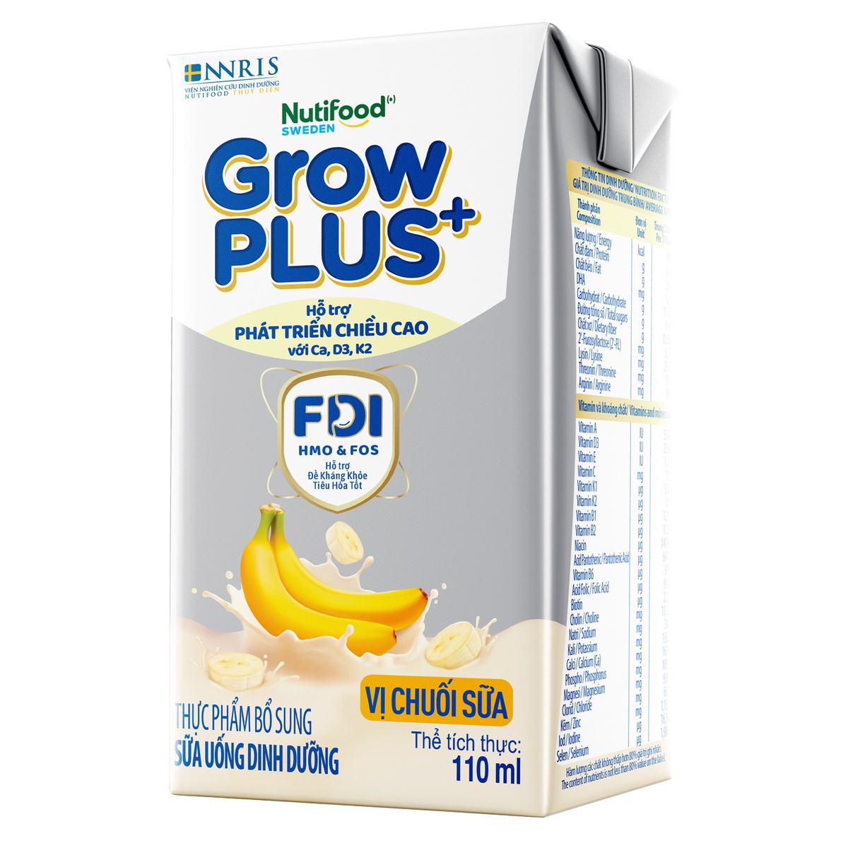Sữa uống dinh dưỡng Nutifood Grow Plus vị chuối sữa 4x110ml - mặt sau