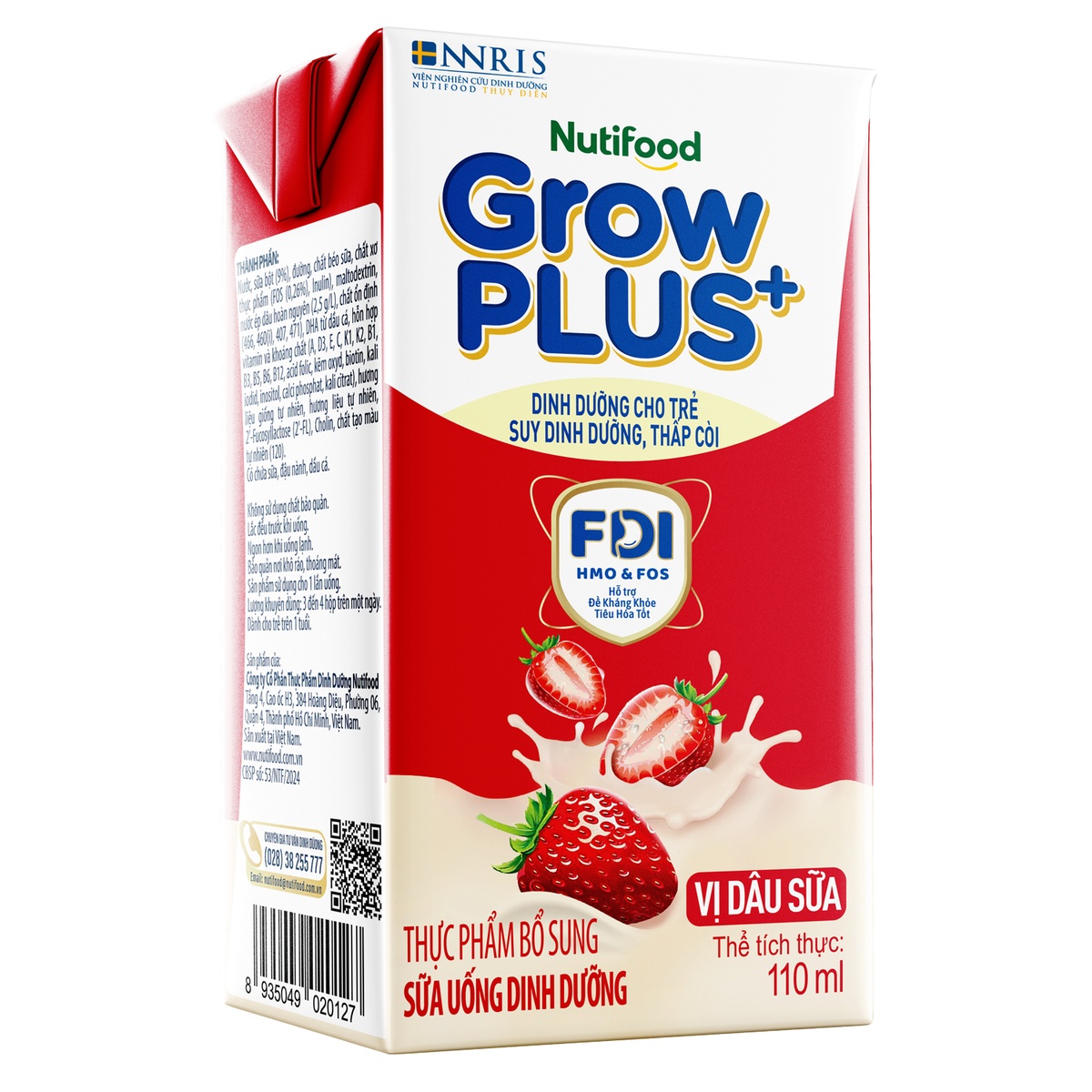 Sữa uống dinh dưỡng Nutifood Grow Plus vị dâu sữa 4x110ml - mặt phải