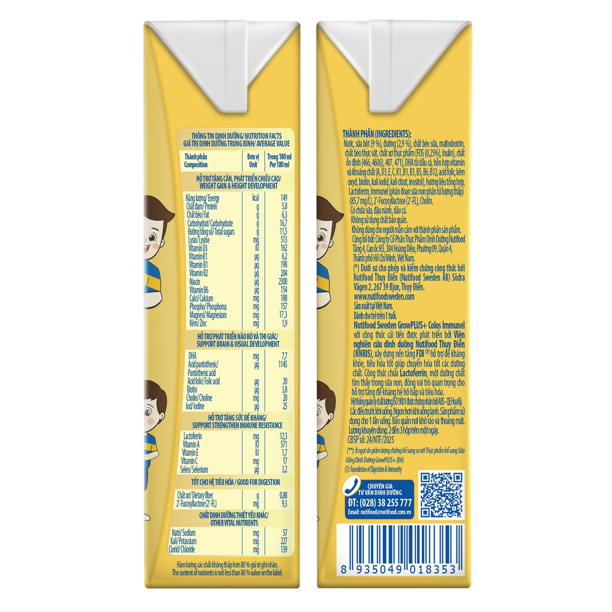 Sữa uống dinh dưỡng Nutifood GrowPLUS+ Colos Immunel 4*180ml cho bé trên 1 tuổi  - mặt phải