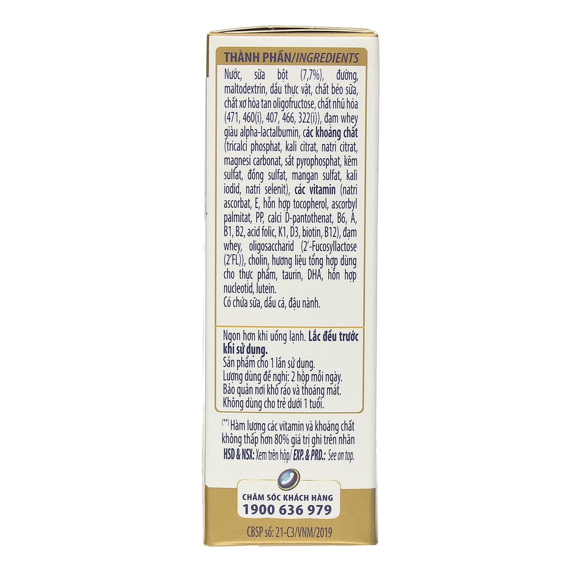 Sữa uống dinh dưỡng Optimum Gold Vinamilk 4*180ml cho bé trên 1 tuổi - mặt sau