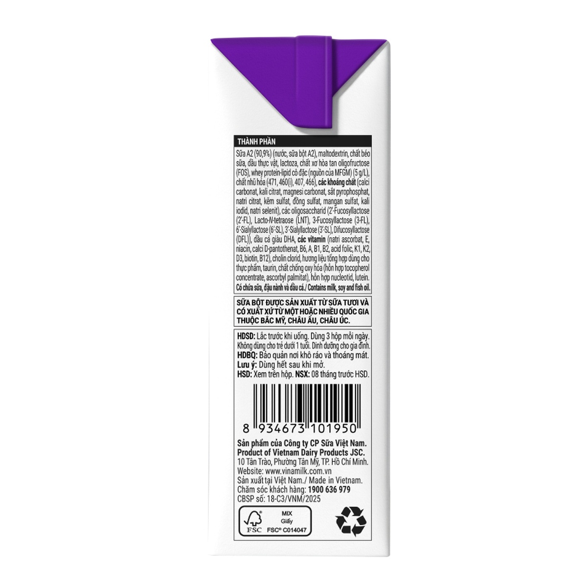 Sữa uống dinh dưỡng Vinamilk Optimum A2 Pro+ 4x110ml - mặt sau
