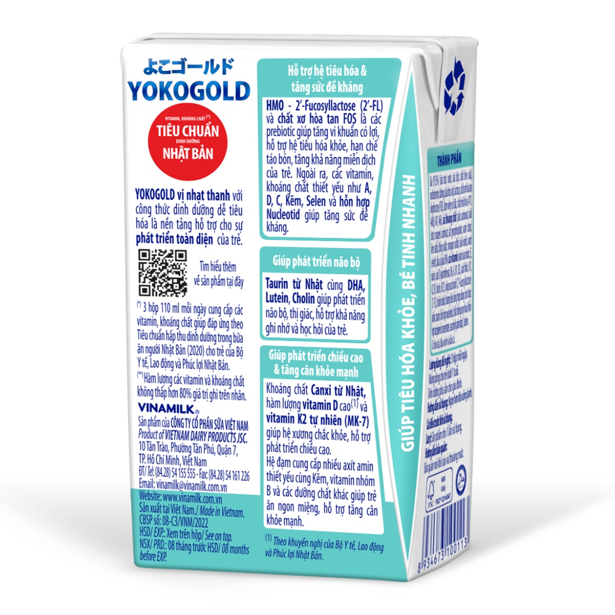 Sữa uống dinh dưỡng Vinamilk Yoko Gold (1 hộp x 110ml) cho bé trên 1 tuổi - mặt trái