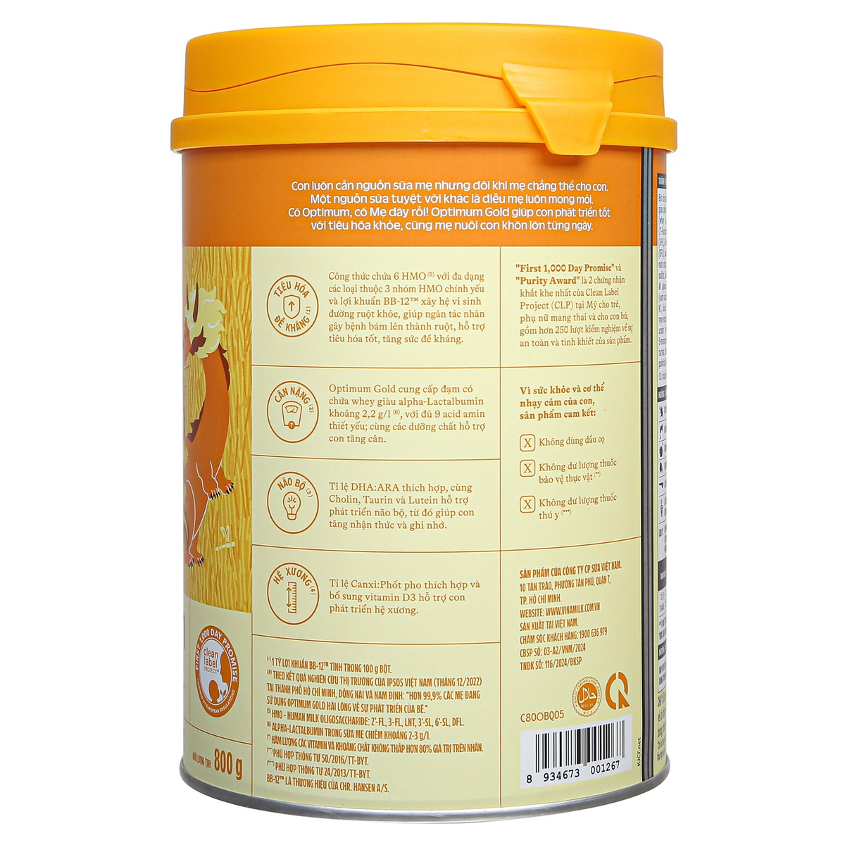 Sữa Vinamilk Optimum Gold 2 (cho bé 6-12 tháng) 800g - mặt sau
