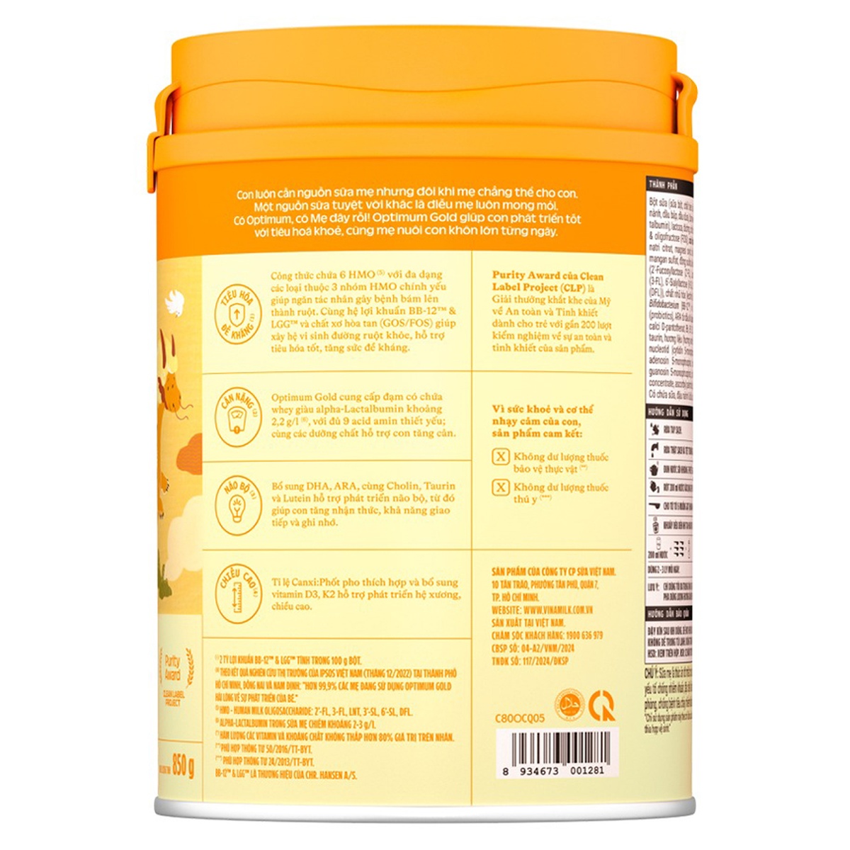 Sữa Vinamilk Optimum Gold 3 (cho bé 1-2 tuổi) 850g - mặt trái