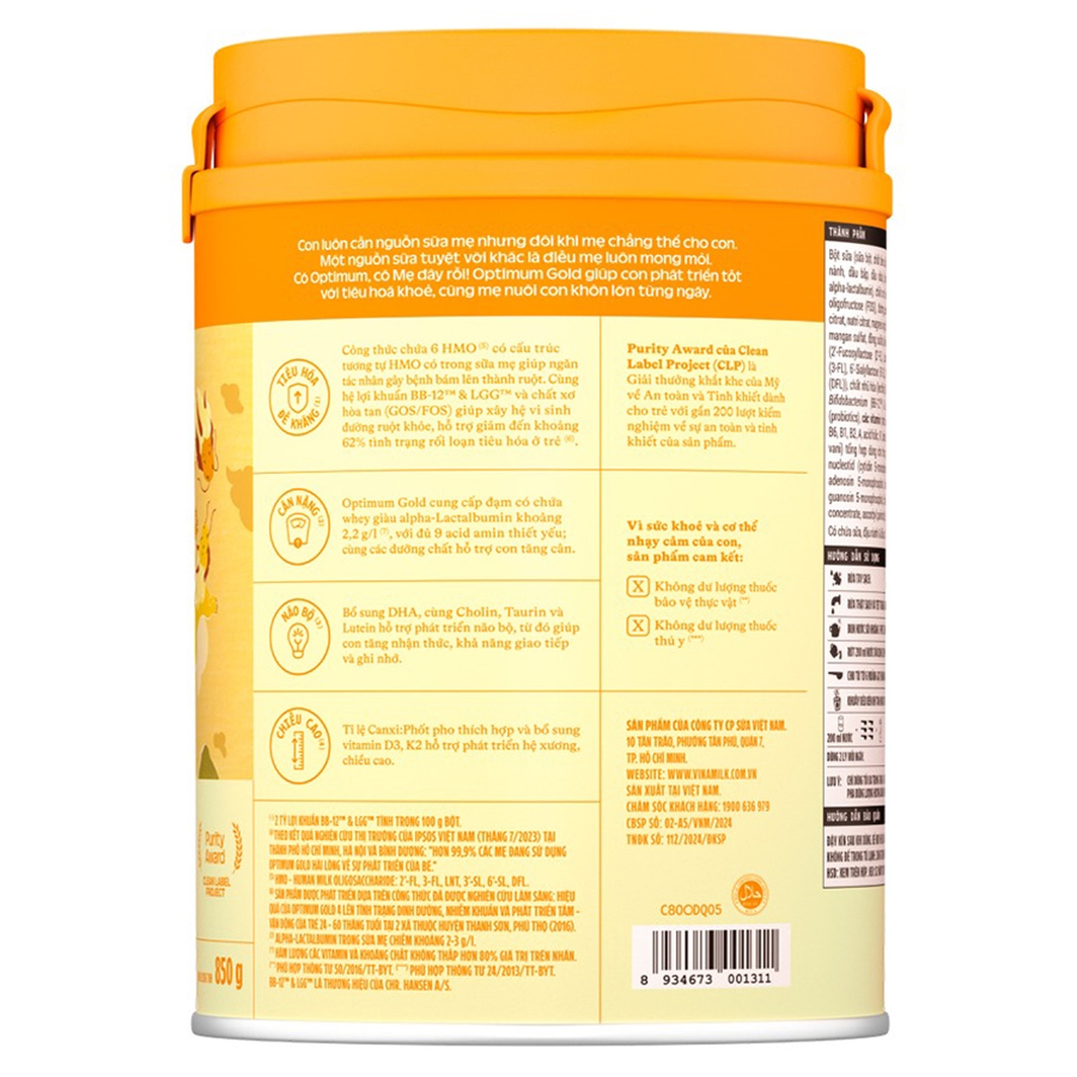 Sản phẩm dinh dưỡng Vinamilk Optimum Gold 4 850g cho bé 2-6 tuổi  - mặt phải