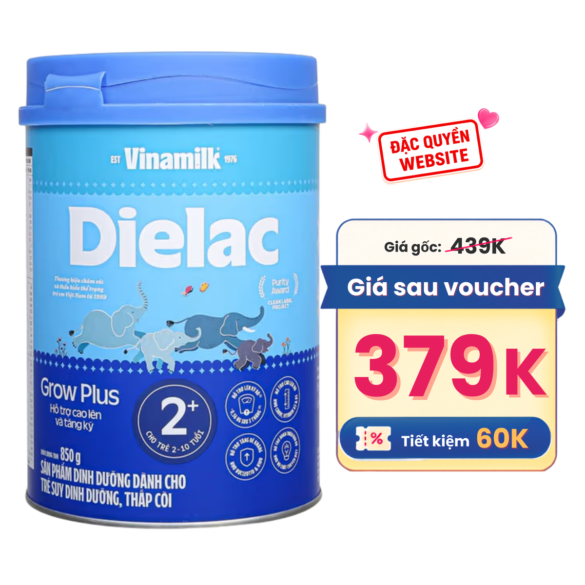 Sữa Vinamilk Dielac Grow Plus 2+ (cho bé 2-10 tuổi) 850g - New