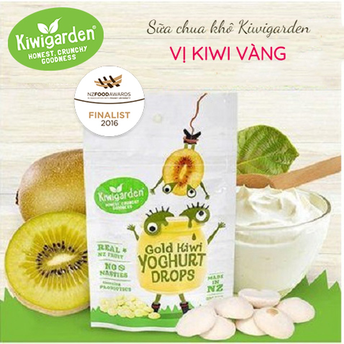 Sữa chua khô Kiwigarden vị kiwi vàng 20g - mặt trước