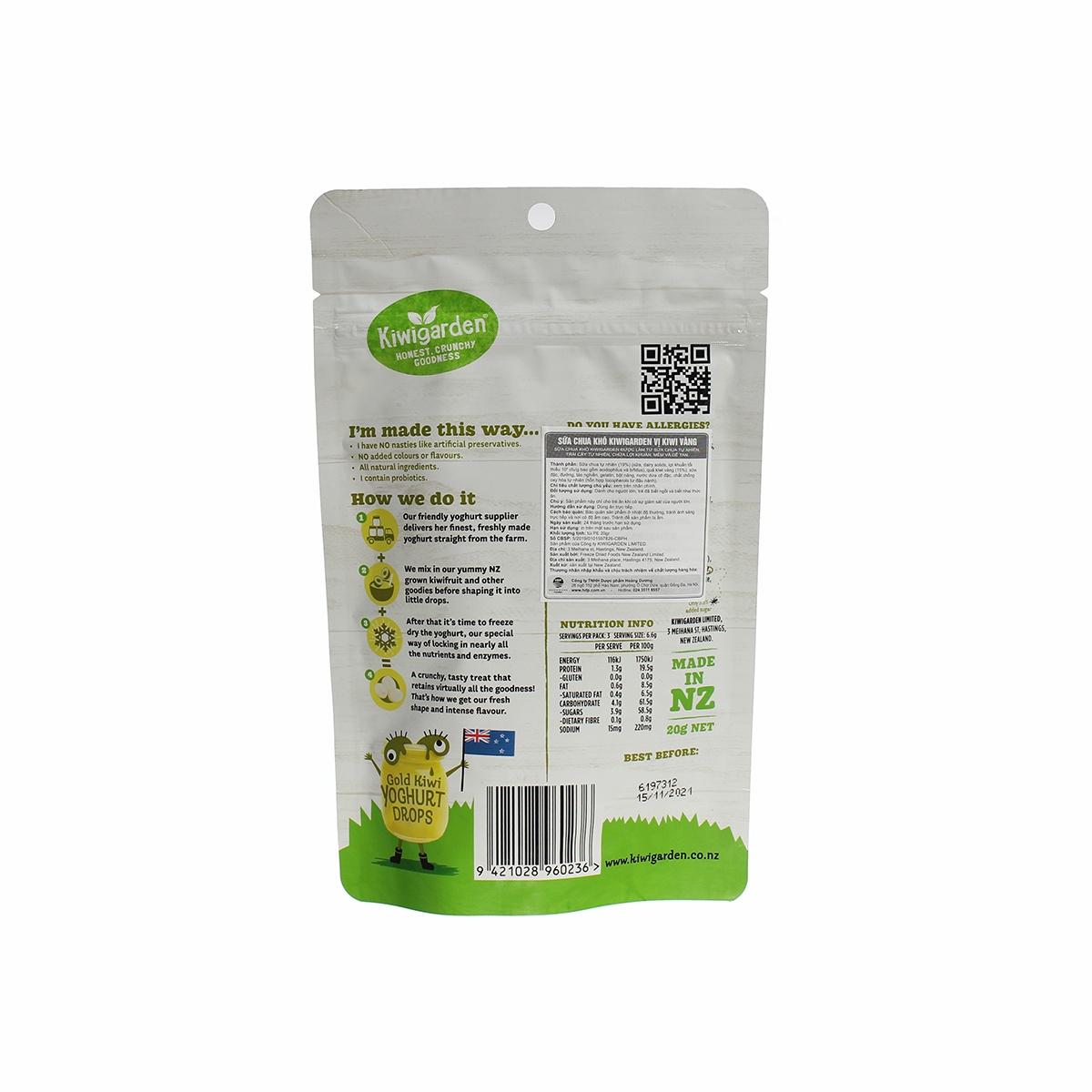 Sữa chua khô Kiwigarden vị kiwi vàng 20g - mặt sau