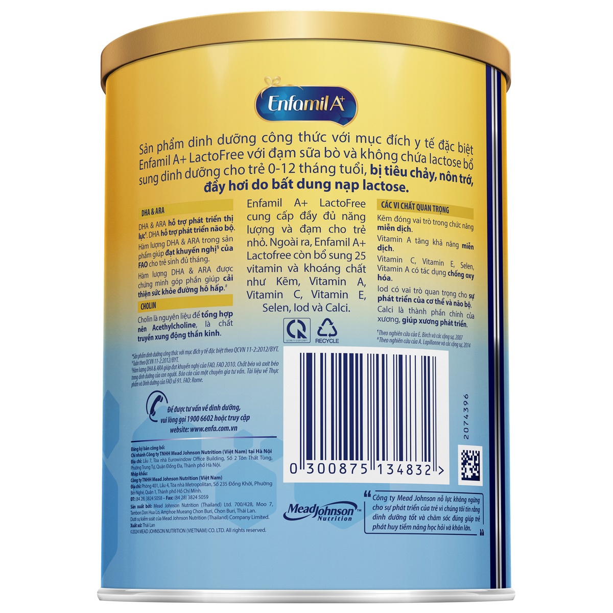 Sữa Enfamil A+ Lactofree (cho bé 0-12 tháng) 380g - mặt phải