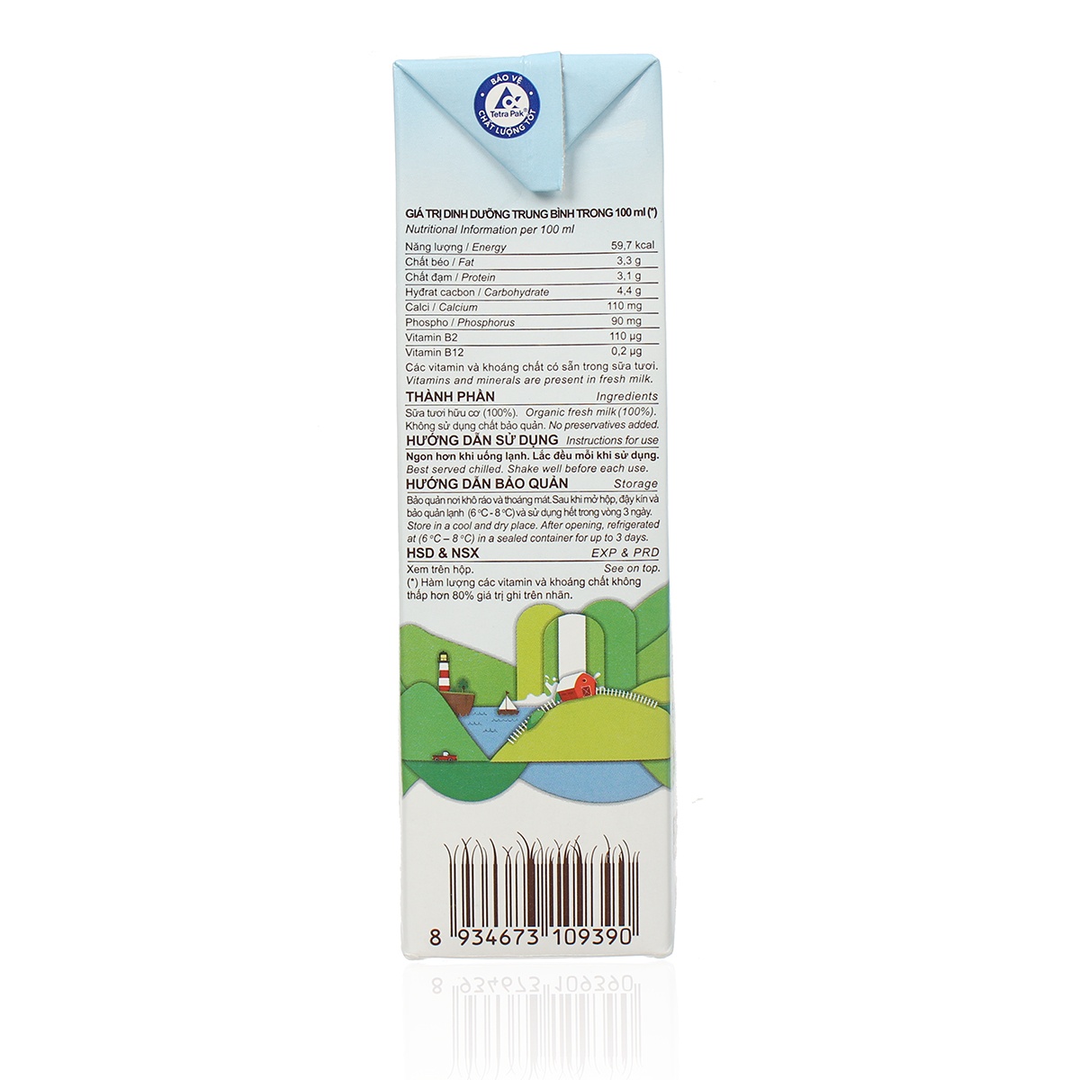 Sữa tươi tiệt trùng không đường Vinamilk Organic 1L - mặt sau