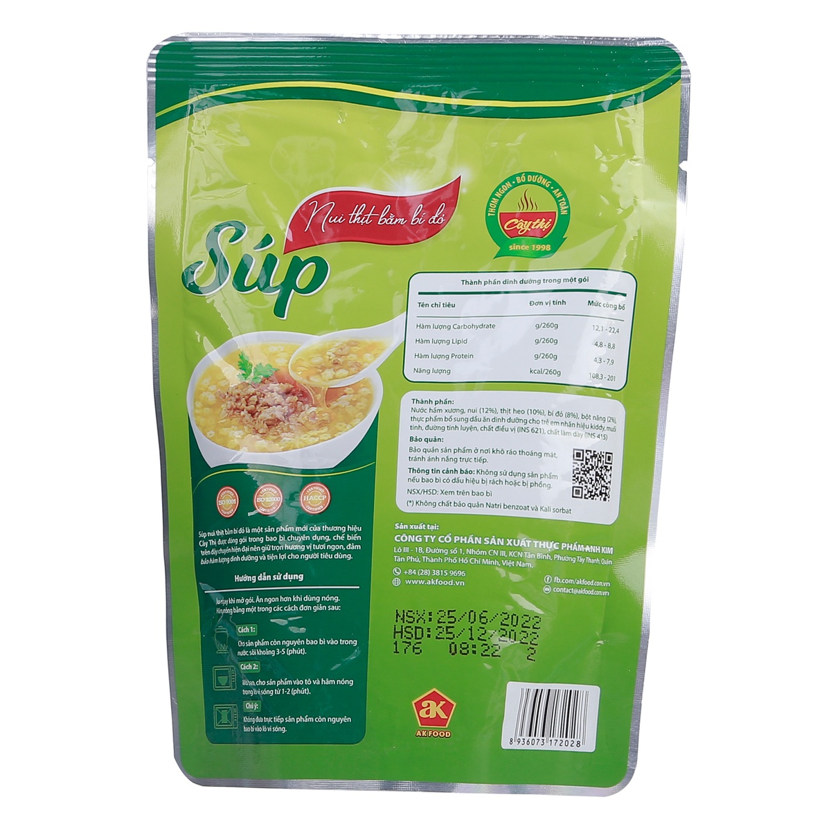 Súp nui Cây Thị thịt bằm bí đỏ cho bé 1Y+ (260g) - mặt trái