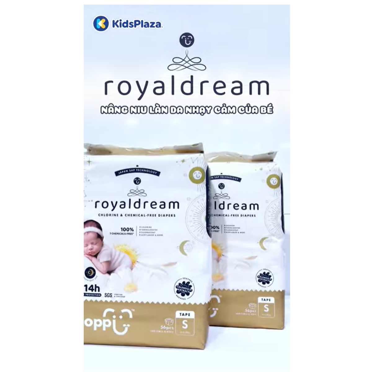 Bỉm - Tã dán Hoppi RoyalDream cao cấp size S 56 miếng (cho bé 4-8kg) - video